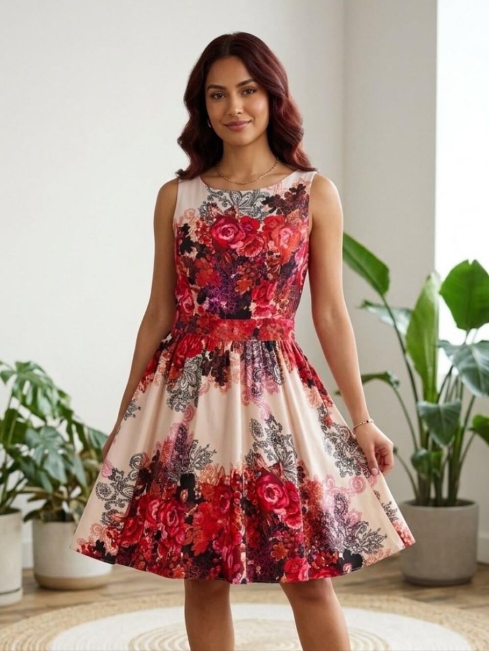 Lady Vintage Floral Fit-and-Flare Midi Dress Rockabilly Pin-up Cottagecore XL
